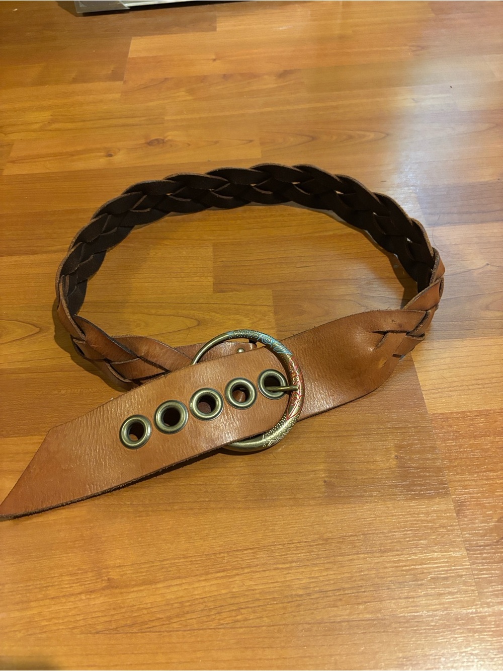 Chico's Braided Tan Leather Belt with Decorative Metal Ring